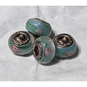 NEW SET OF 4 PANDORA MURANO BEAD - MATTE LIGHT BLUE W/WHITE PINK FLOWERS - JUST